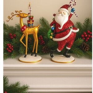 Santa & Reindeer Glitter‎ Figurine Set Spring Bounce Motion Christmas 12"